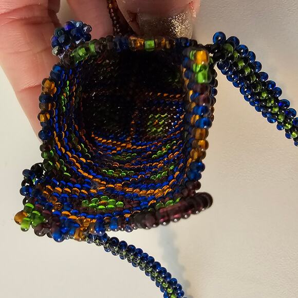 Vintage Artisan Fringed Tribal Seed Bead Necklace Pouch Diamond Pattern - Picture 10 of 11